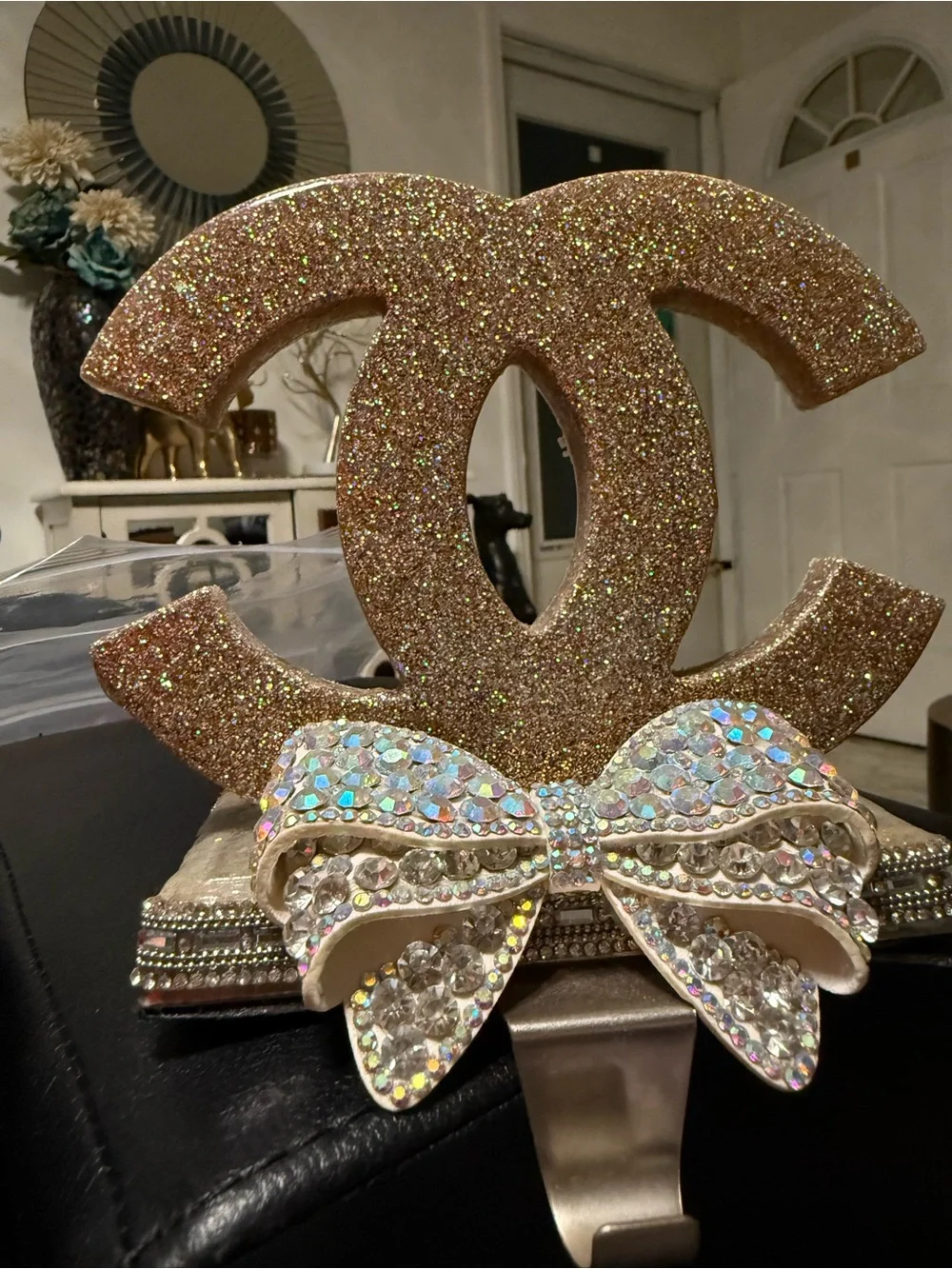 Glitter Rhinestone Bow Christmas Stocking Holder Glam Mantel Decor Handmade
